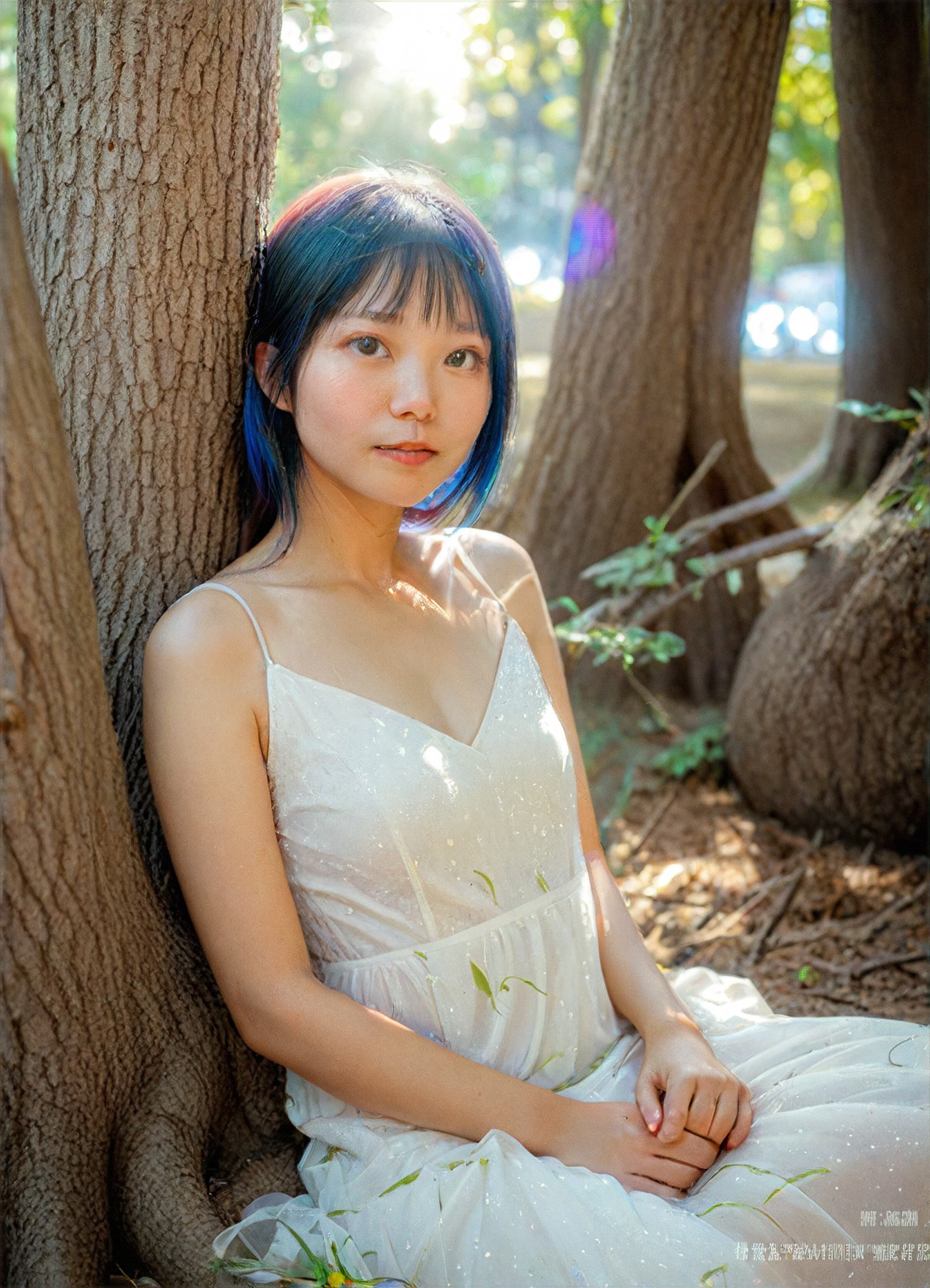 A girl wearing a white dress sat under a tree image
