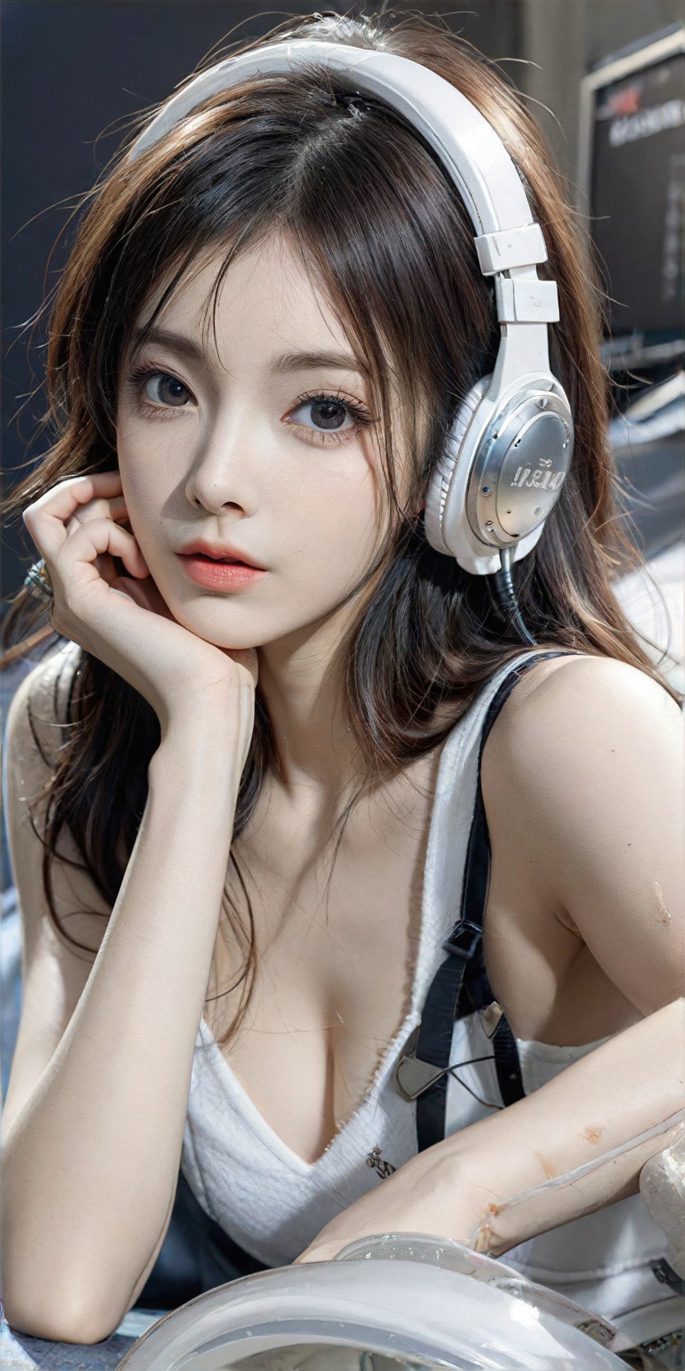 Close up of a woman sitting at the table wearing headphones image