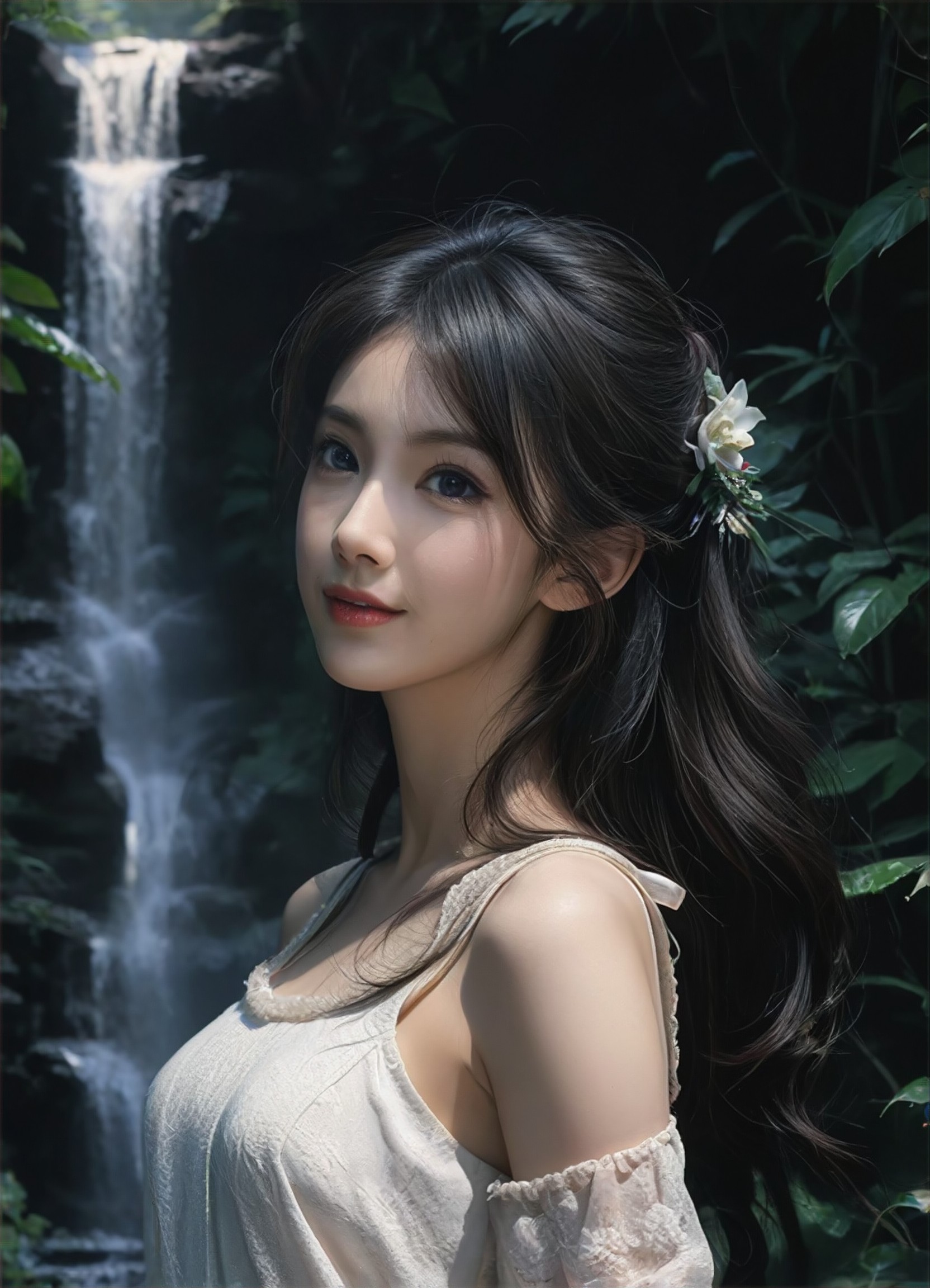 [Static Aesthetic Art] Close up of Sweet and Immortal You in front of a Deep Mountain Waterfall image