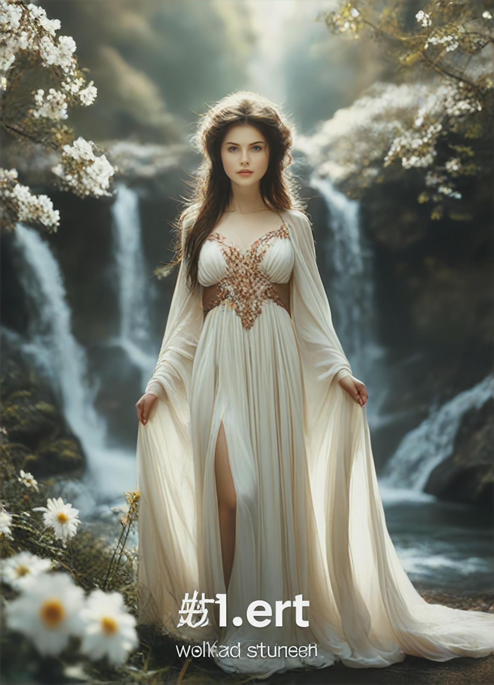 The girl in front of the waterfall image