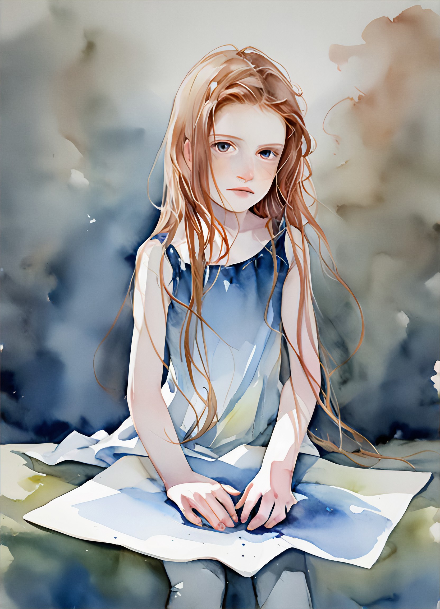 Sitting little girl with ink wash style image