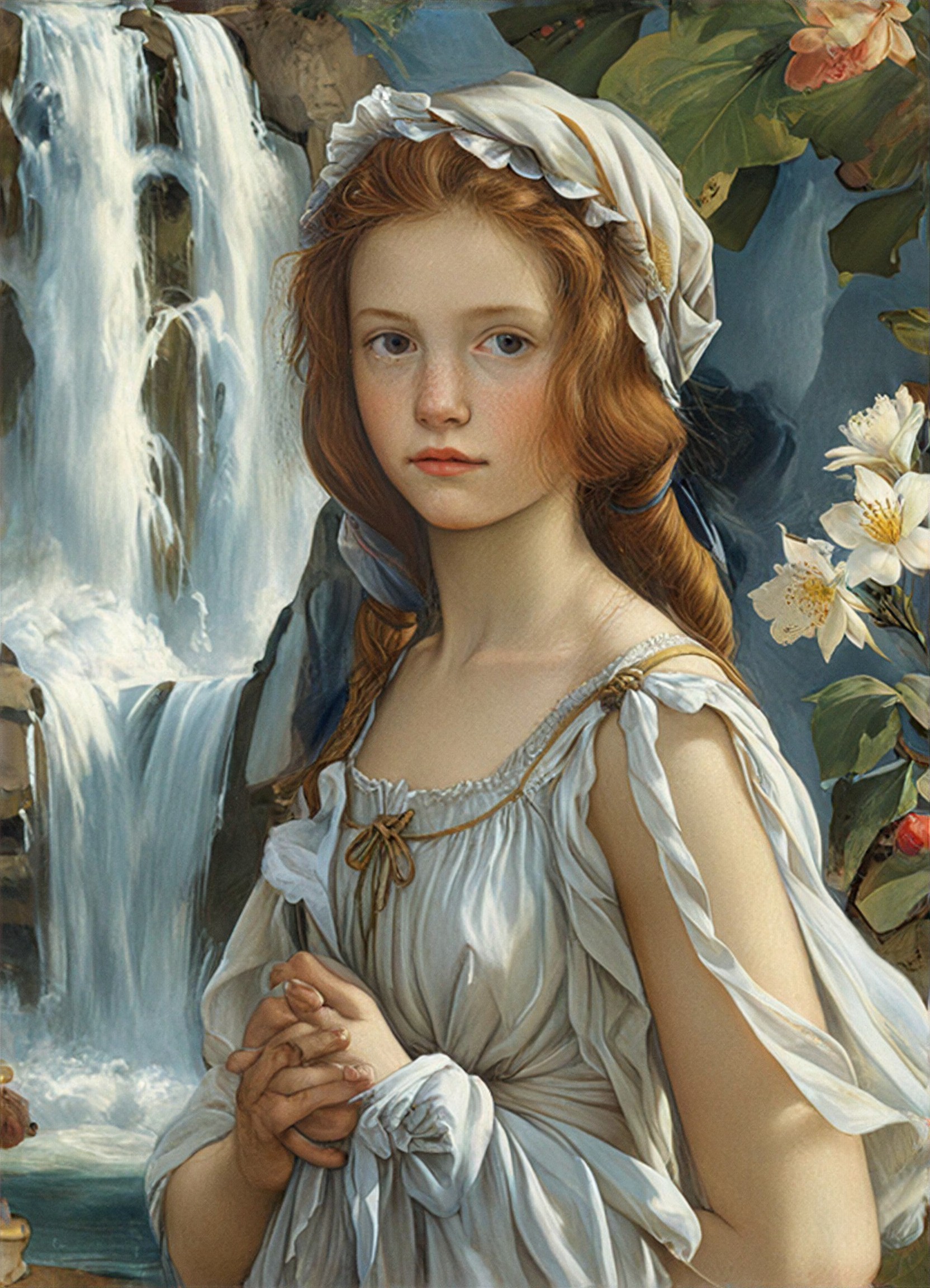 A maiden in front of a waterfall image