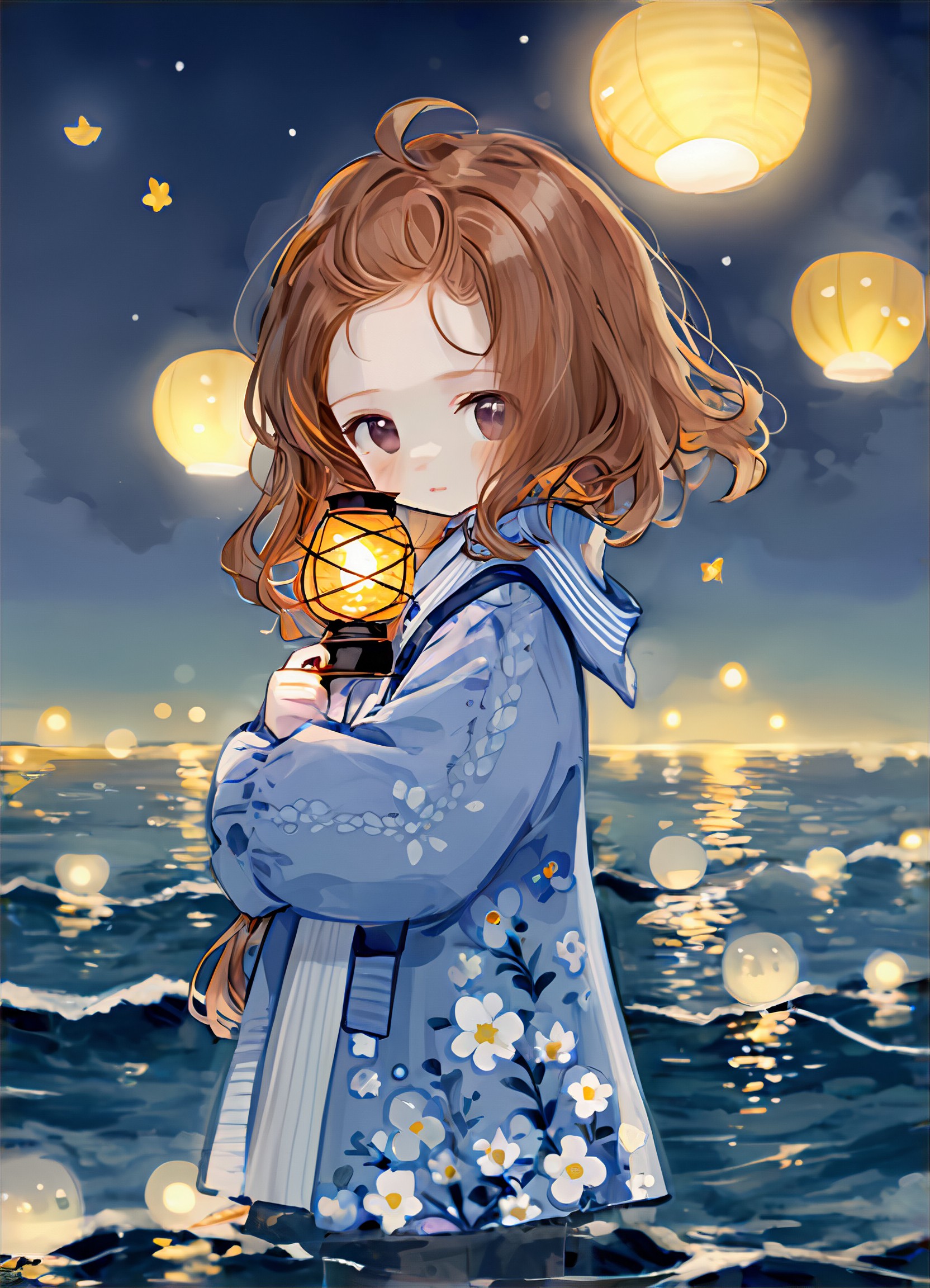 Girl/Boy with lantern in the sea of flowers image