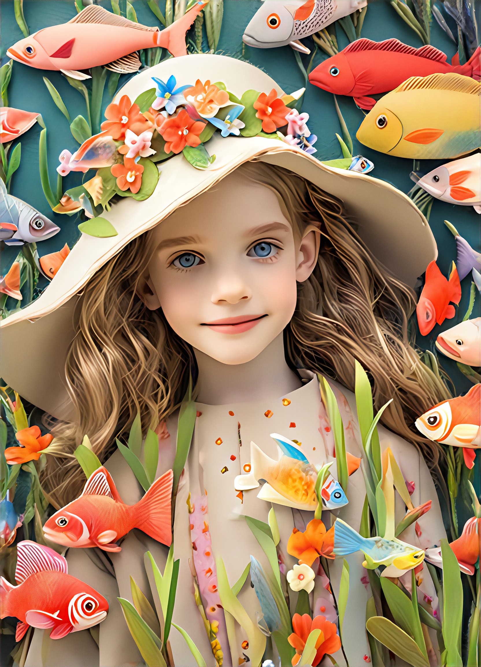 A little girl wearing a small flower hat surrounded by small fish image