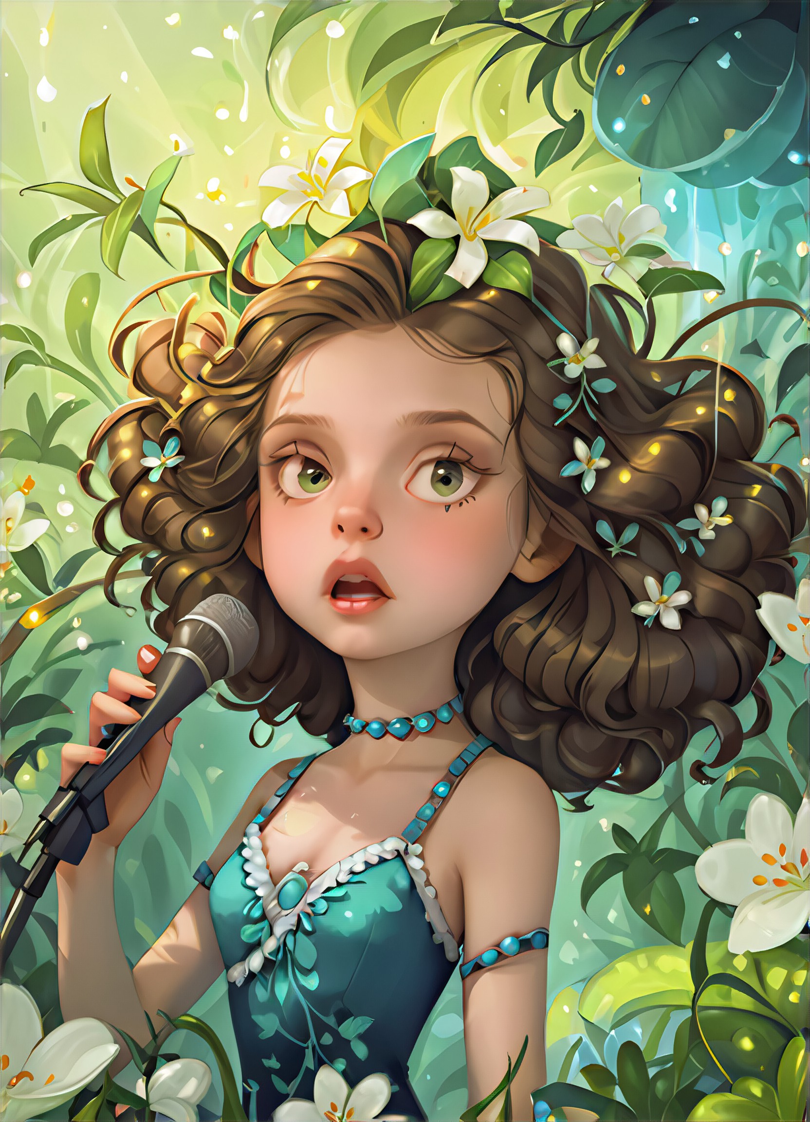 The girl is wearing a delicate jasmine wreath and singing among the flowers image