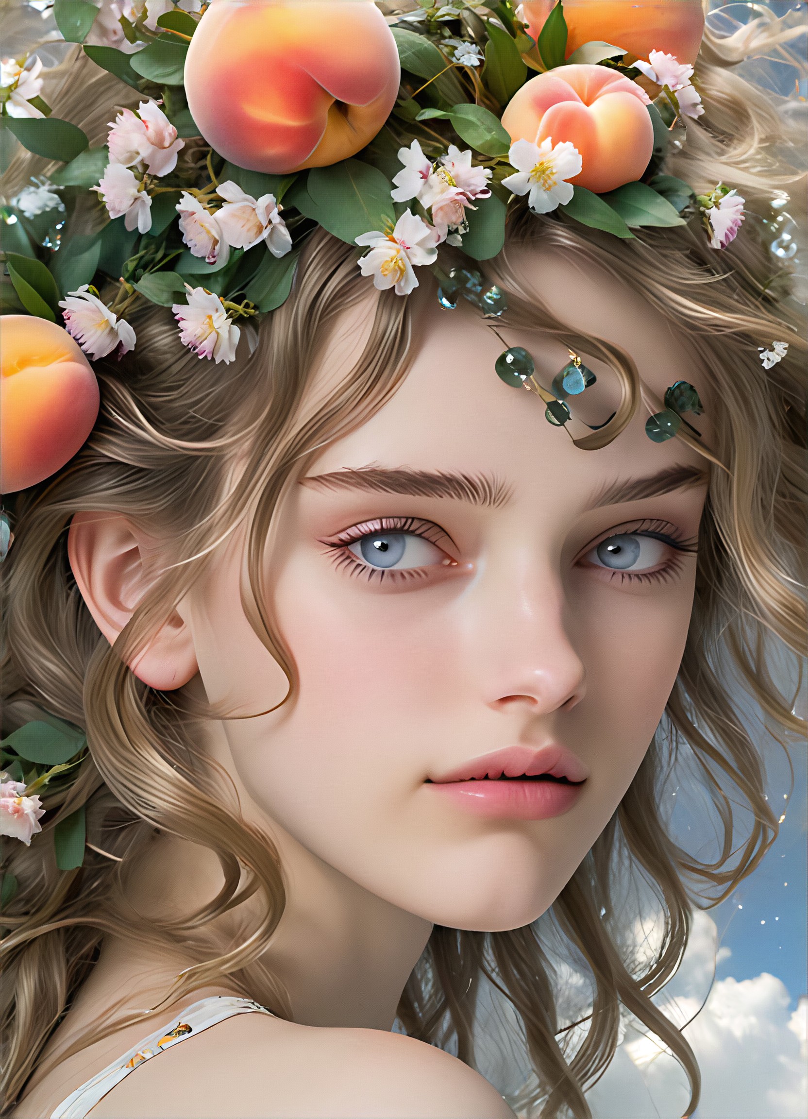The girl with flowers and peaches on her head image