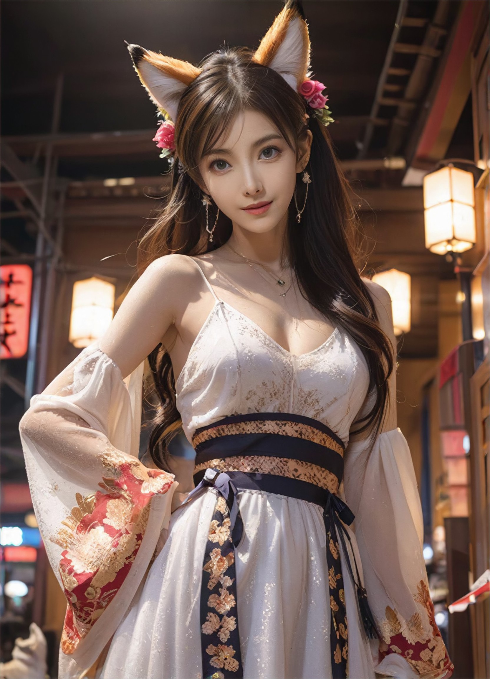 [Static Cute Style] A fox girl wearing a white dress and a red flower on her head image