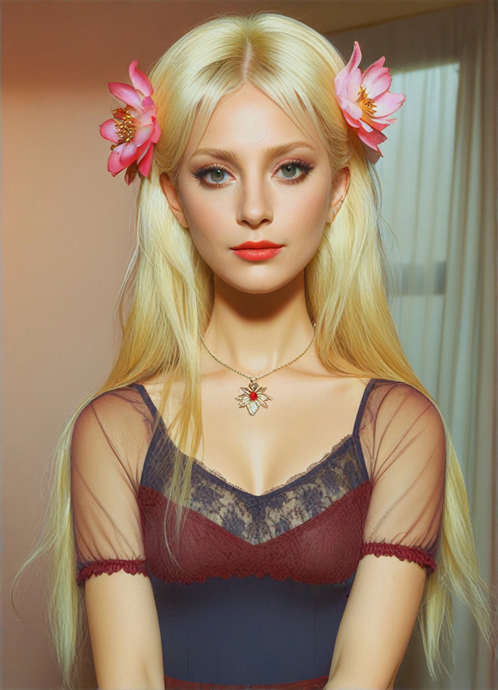 Ein Mädchen mit zwei Blumen auf dem Kopf image