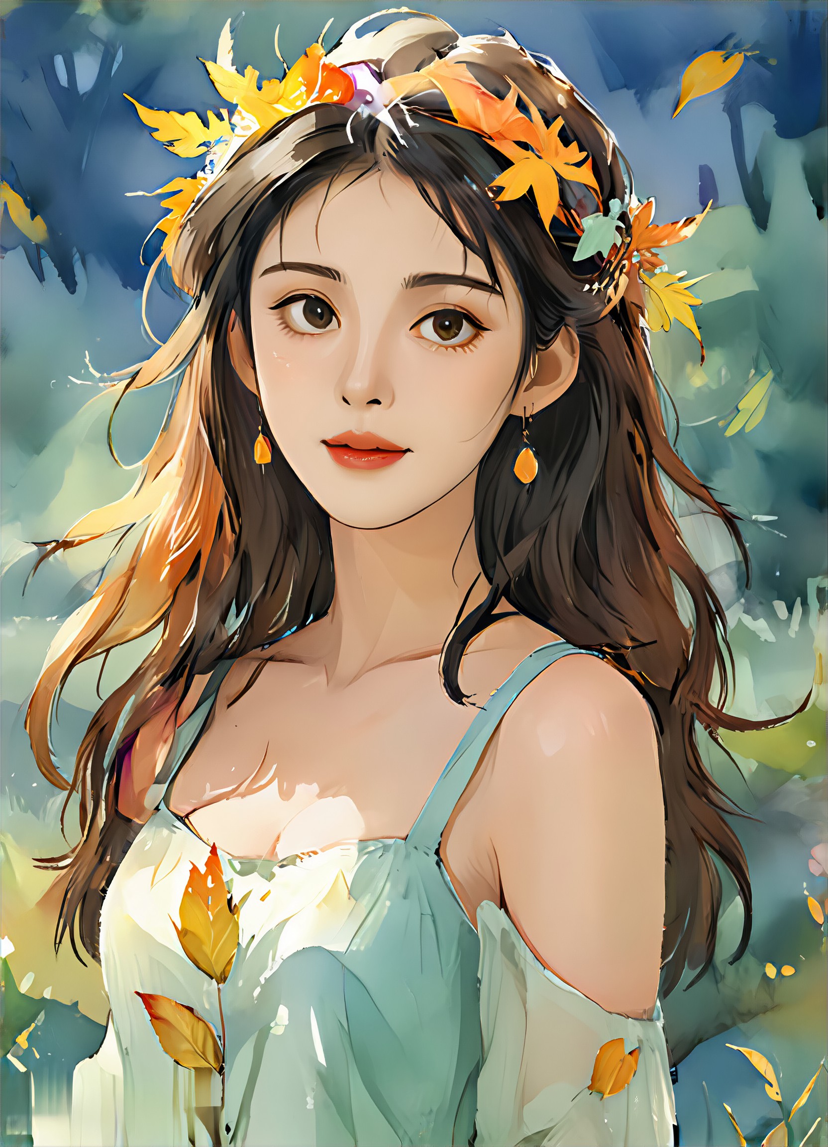 Girl in Autumn Leaves, Watercolor Style image