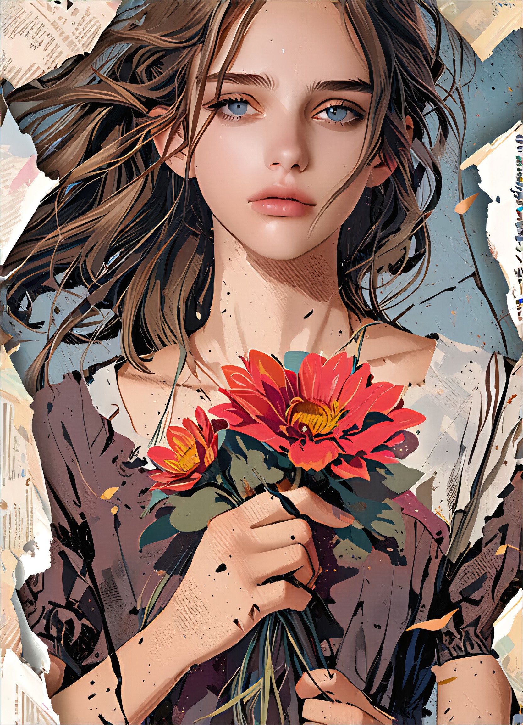 The newspaper tore open, revealing a woman holding a flower image