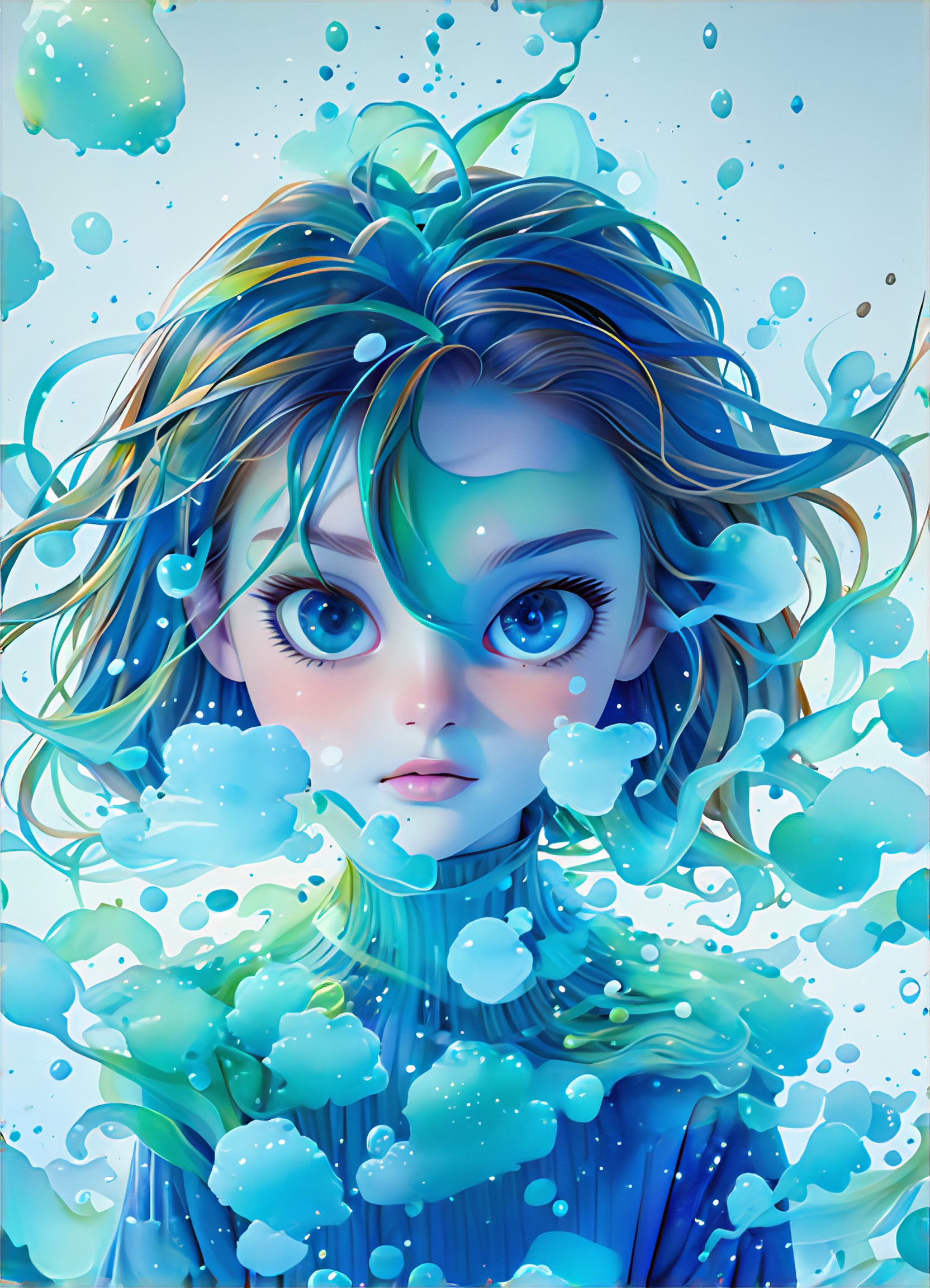 The girl soaked in blue watercolor image