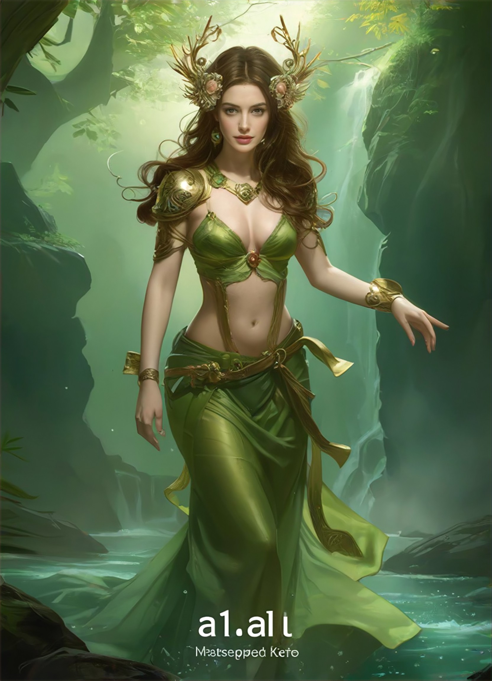 A girl wearing forest attire standing by the waterfall image