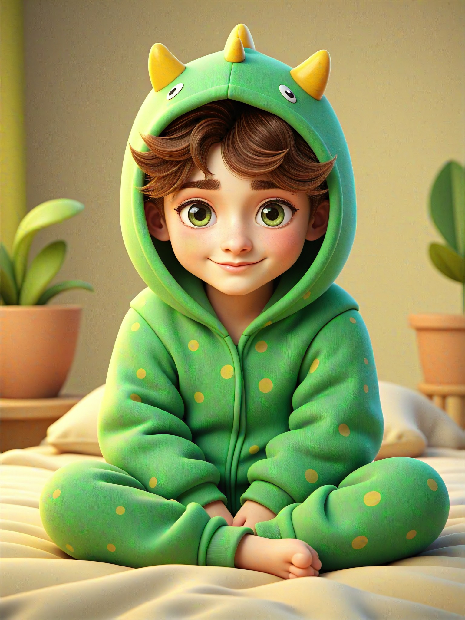 Wearing green dinosaur pajamas image