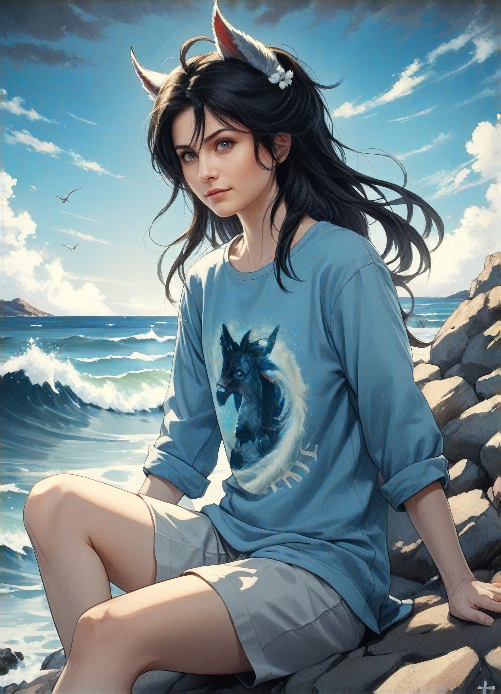 The person sitting on the rocky reef of the waves image