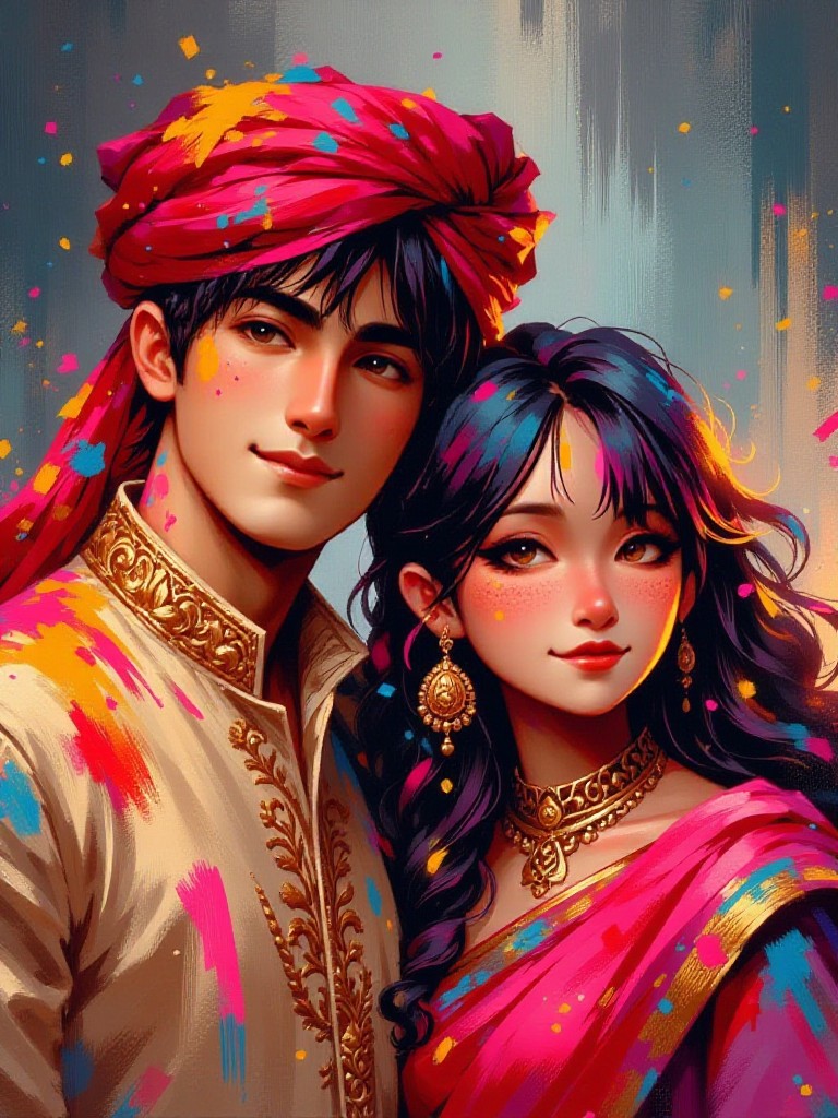 Holi Painted Couple Photo image