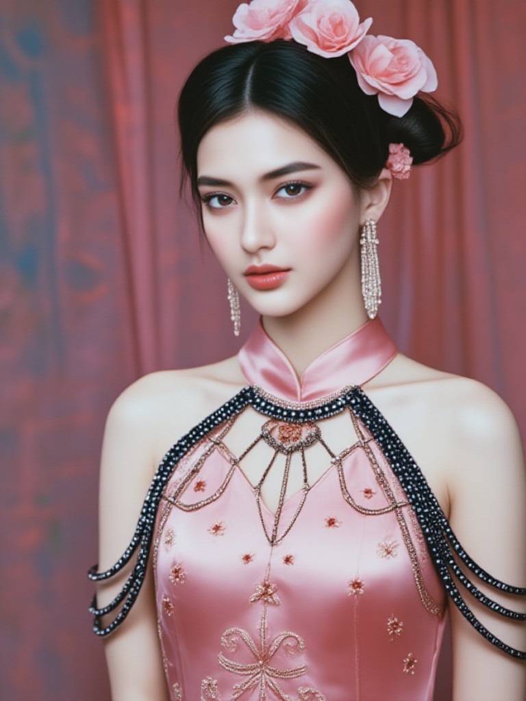 Pink cheongsam lady image