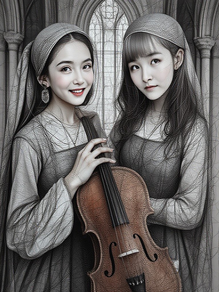 Pen Sketch Style: Two beauties perform in a church. image