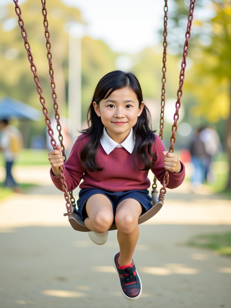 Elementary school students swing on the swing image