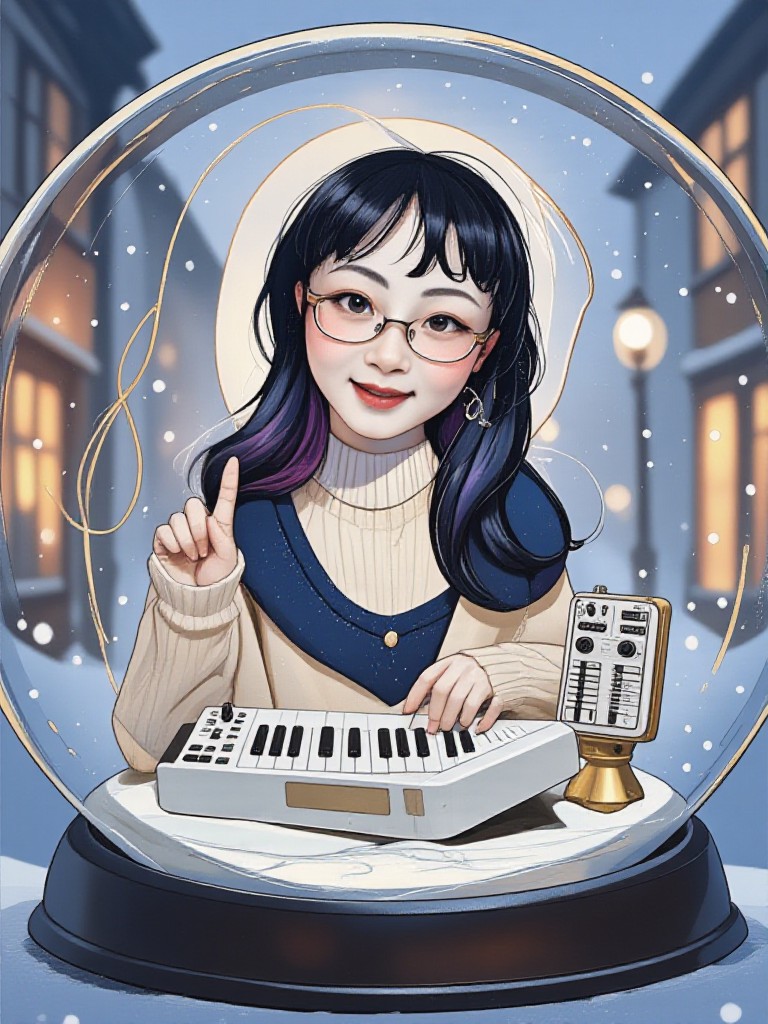 Digital painting: Girl playing the keyboard in the snow ball. image