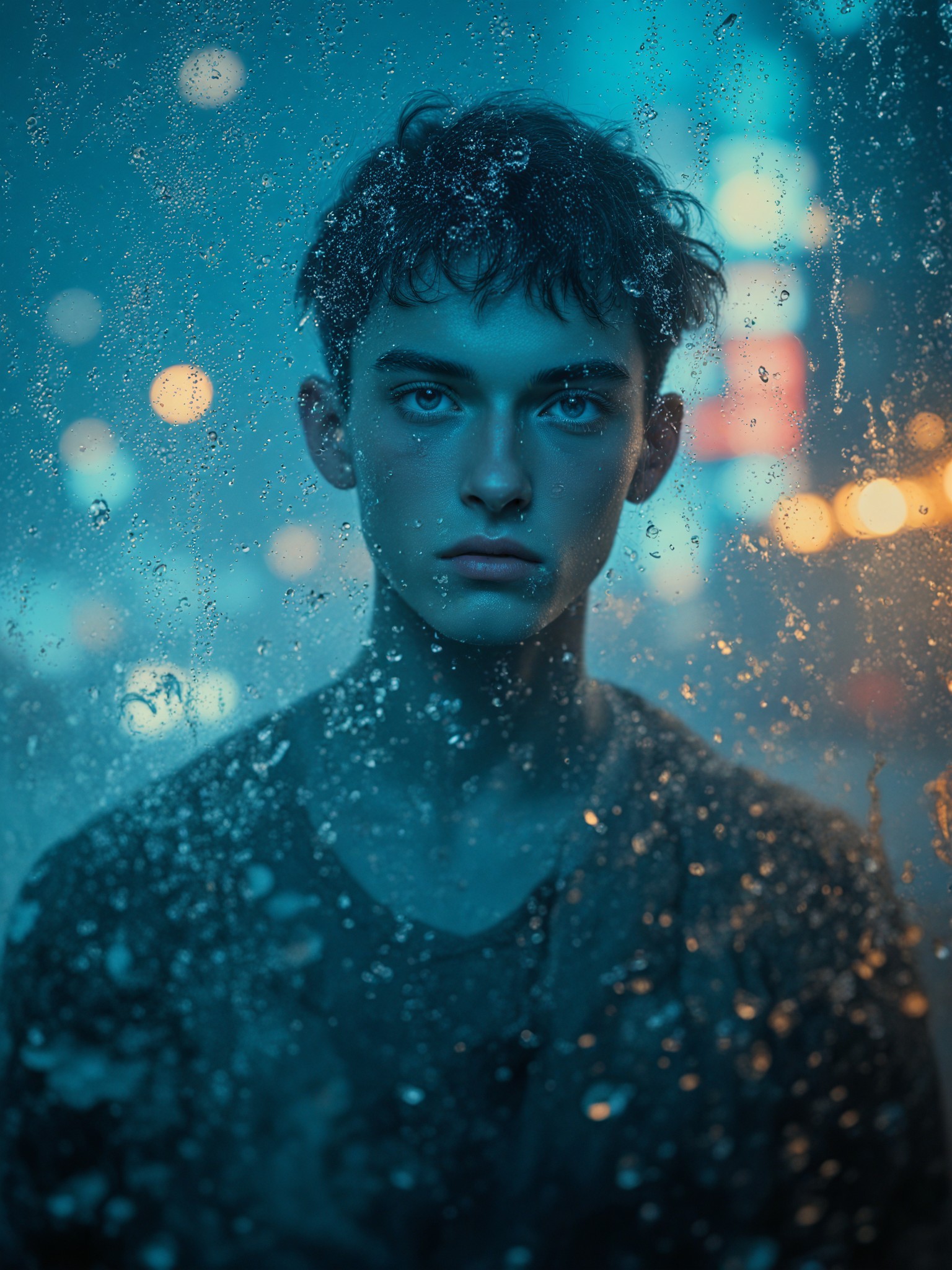 Close-up of fogged-up glass on a rainy night image