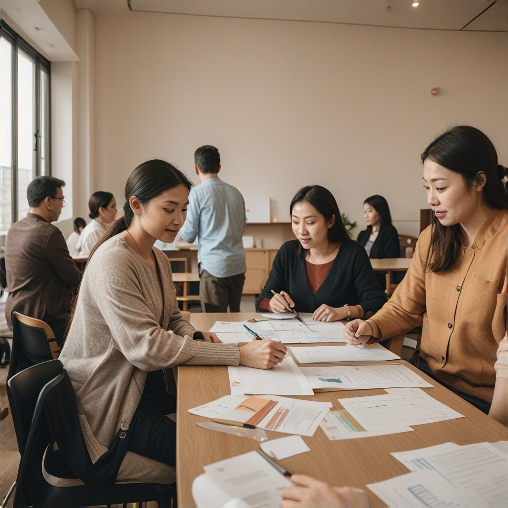 Attendees participating in a hands-on activity related to Medicare enrollment, showcasing the practical learning aspect of the workshop, (active learning:1.3), (practical application:1.2), focus on engagement and participation, learning materials visible, exclude confusion or frustration.