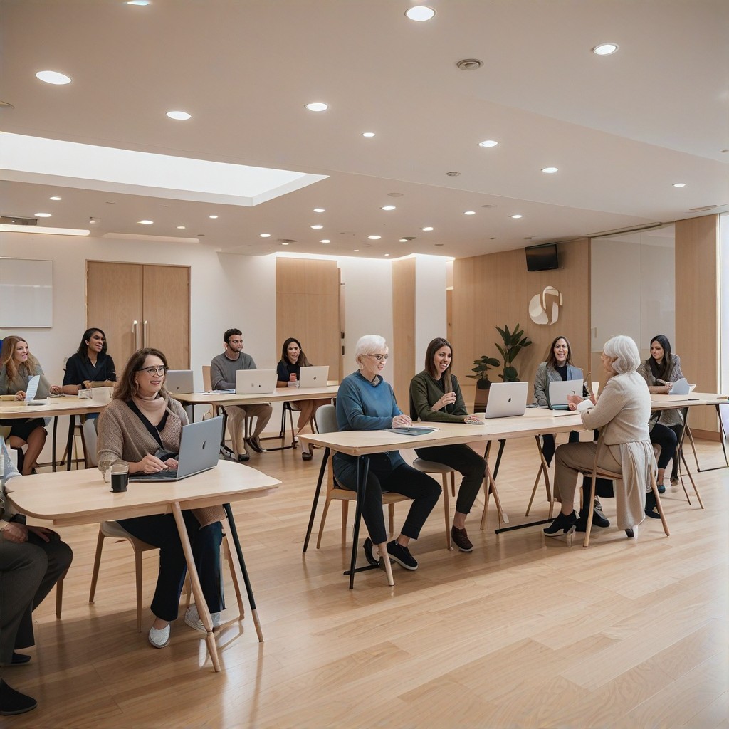 Smiling seniors engaging in a workshop setting, learning about Medicare benefits, bright and welcoming environment, promoting new skills and knowledge, focus on networking opportunities, clear call-to-action visible in the background, professional and accessible design