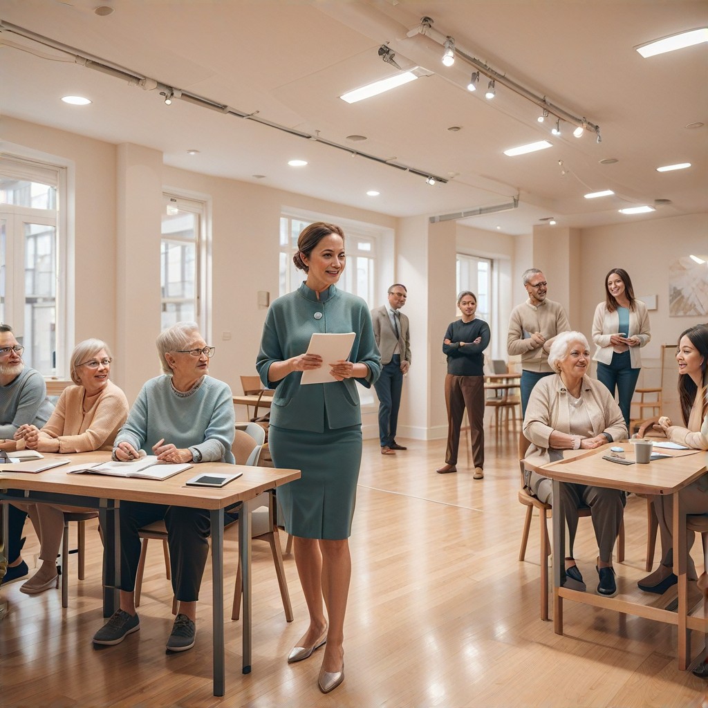 A group of senior citizens actively participating in a workshop, learning new skills and engaging in networking, bright and welcoming atmosphere, promoting knowledge exchange and community, accessible design, clear and professional presentation.