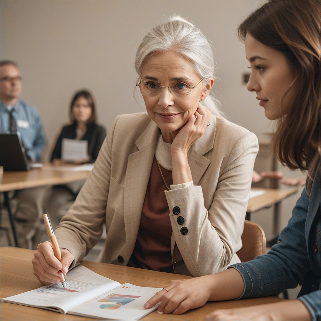 Image of workshop facilitators assisting attendees with Medicare-related questions, emphasizing the support and guidance provided, (personalized support:1.4), (expert guidance:1.3), focus on empathy and helpfulness, information pamphlets visible, exclude rushed interactions.