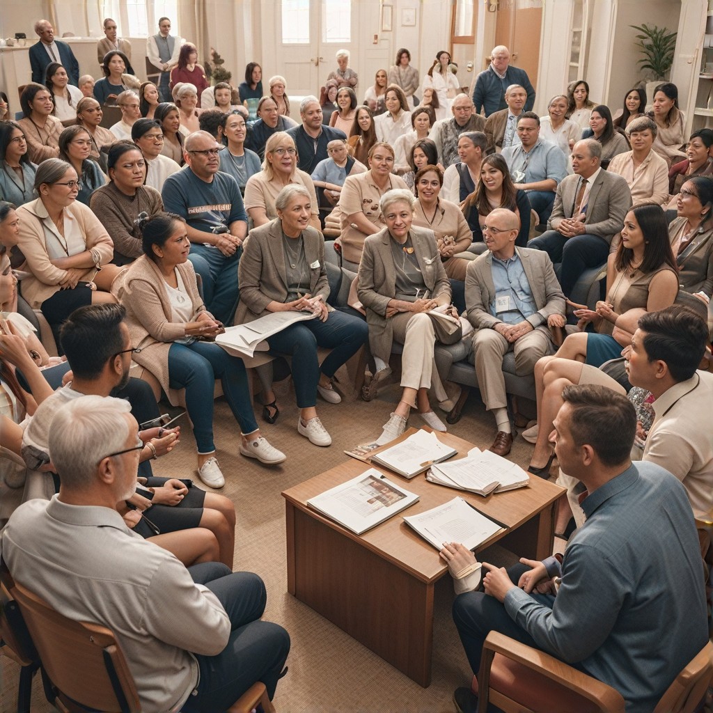 A captivating photograph capturing the energy of the workshop, seniors actively participating in a group discussion, facilitators guiding the conversation, (engaging and interactive learning experience:1.2), focus on collaborative problem-solving, promoting knowledge sharing and understanding - [disengaged participants, dominating speakers]