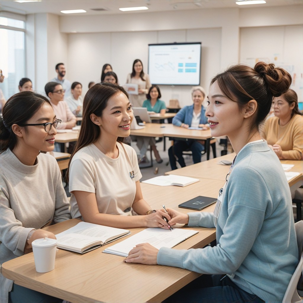 Engaging photo of a workshop facilitator interacting with participants, clear communication, positive atmosphere, promoting accessibility and a welcoming environment.