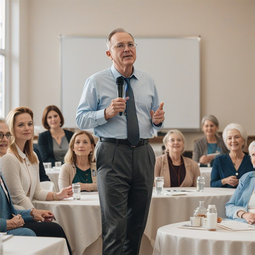 High-quality video still of a past Medicare workshop, enthusiastic speaker addressing the audience, diverse group of seniors attentively listening, (bright and clear visuals:1.2), positive and encouraging environment, Medicare information prominently displayed, workshop banner in the backdrop - [out-of-focus elements, distracting background]