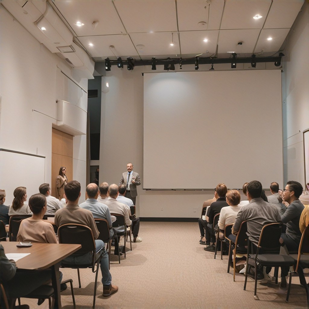 Image capturing a speaker presenting Medicare information to an engaged audience during the workshop, (dynamic presentation:1.3), (informative session:1.2), focus on speaker's expertise and audience engagement, presentation slides visible, exclude distracting background elements.