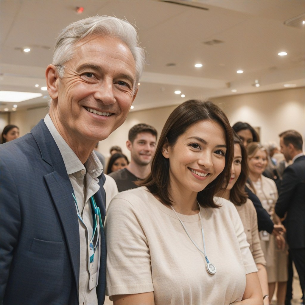 A senior attendee smiling genuinely at the Medicare workshop, sharing a testimonial about how the workshop positively impacted their understanding of Medicare benefits, with event highlights subtly visible in the background, professional and welcoming environment (emotional temperature: positive).