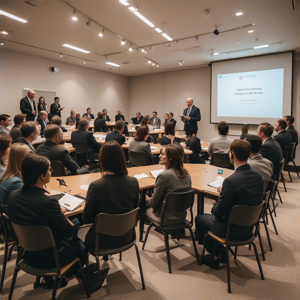 Dynamic shot of a speaker presenting Medicare information, audience members taking notes, (interactive presentation style:1.1), engaging visuals on the screen, emphasis on clarity and understanding, welcoming and informative setting, positive feedback from attendees - [unreadable text on screen, glare]