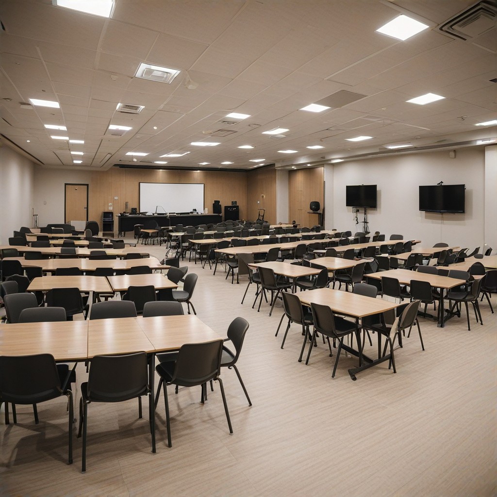 A panoramic view of a successful Medicare workshop, showcasing a large turnout of attendees, organized seating arrangement, professional stage setup, [bright and spacious venue:1.3], sense of community and shared learning, welcoming atmosphere, Medicare Workshop Hub branding - [empty seats, limited space]