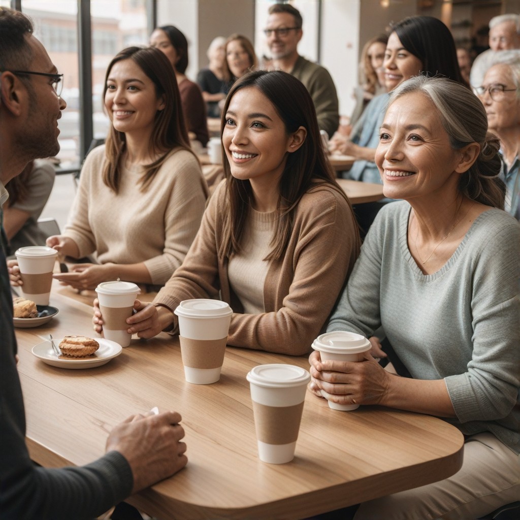 Image of a diverse group of seniors enjoying a coffee break during the workshop, networking and sharing experiences, relaxed and informal setting, promoting social interaction and community building, [comfortable and welcoming atmosphere:1.3], Medicare workshop branded coffee cups - [isolated individuals, empty tables]