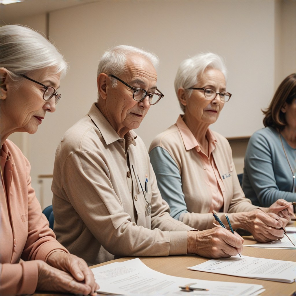 Close-up image of seniors participating in a hands-on activity during the workshop, assisting each other with Medicare enrollment forms, friendly and helpful workshop staff, (supportive and collaborative environment:1.2), practical guidance and assistance, focus on individual needs - [confusing forms, overwhelmed participants]