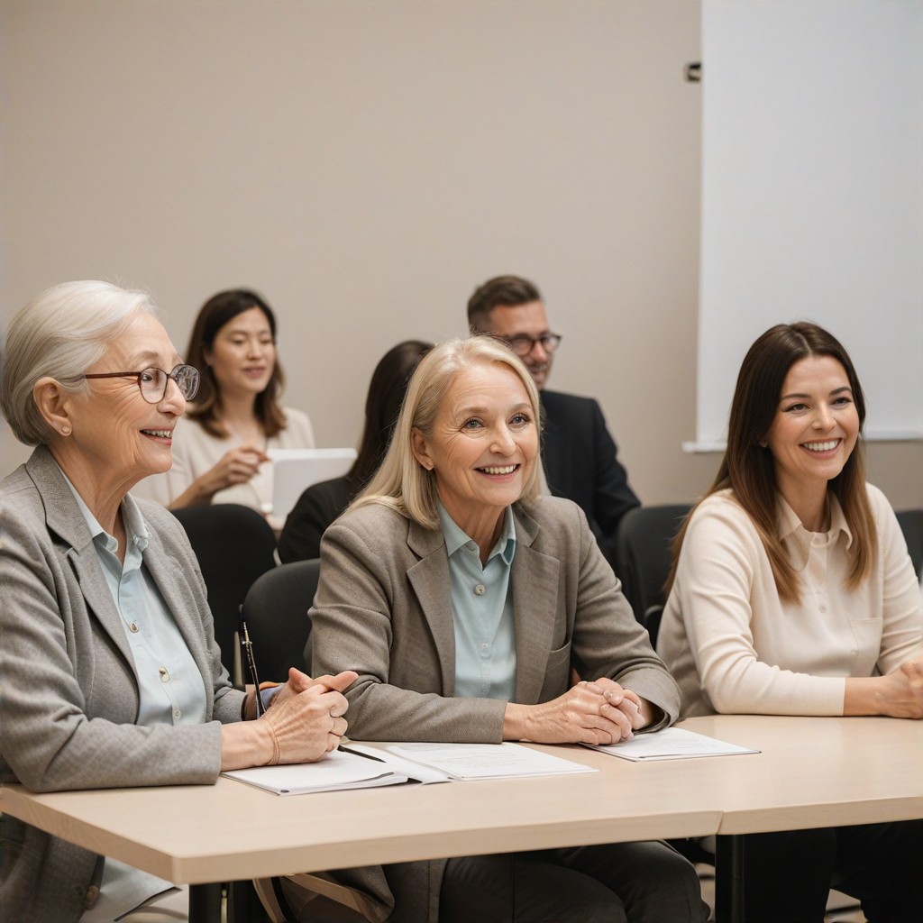 A diverse group of smiling seniors engaging in a Medicare workshop, attentively listening to a speaker, bright and welcoming atmosphere, testimonial quote overlay, focus on positive engagement and learning experience.