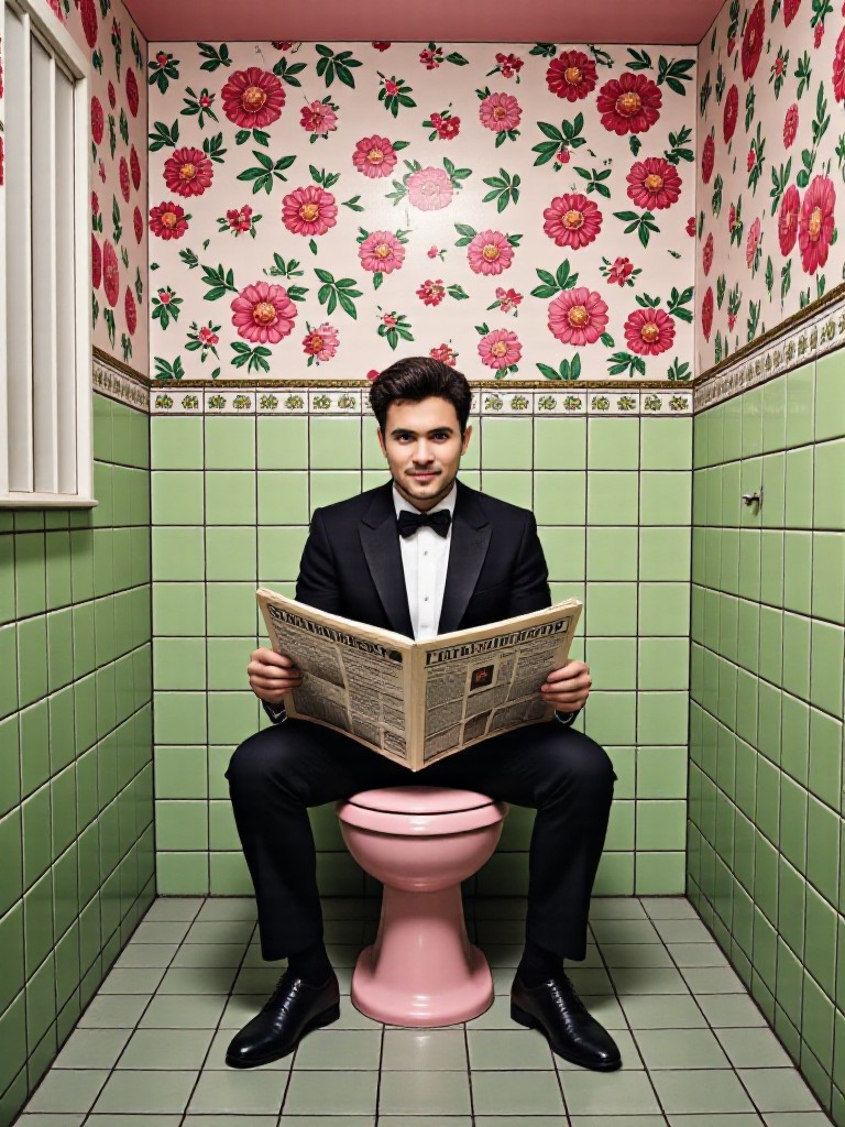 Man in suit sitting on toilet image