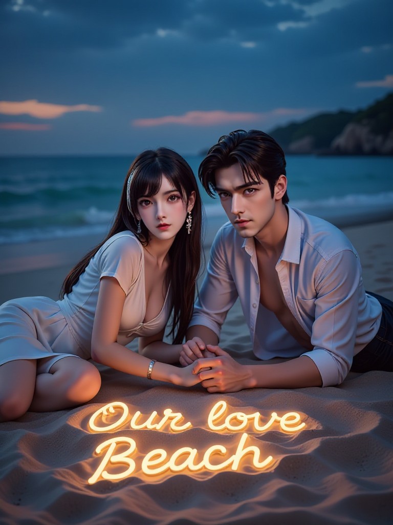 AI Romantic Love Anime Version [Love Beach] Emotions Dreamy Light and Shadow: Romantic confession moment, blooming on the moonlit beach! image