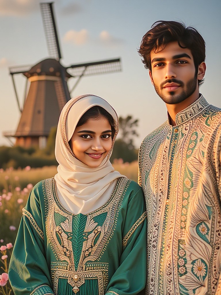 Muslim couple at Dutch windmill image