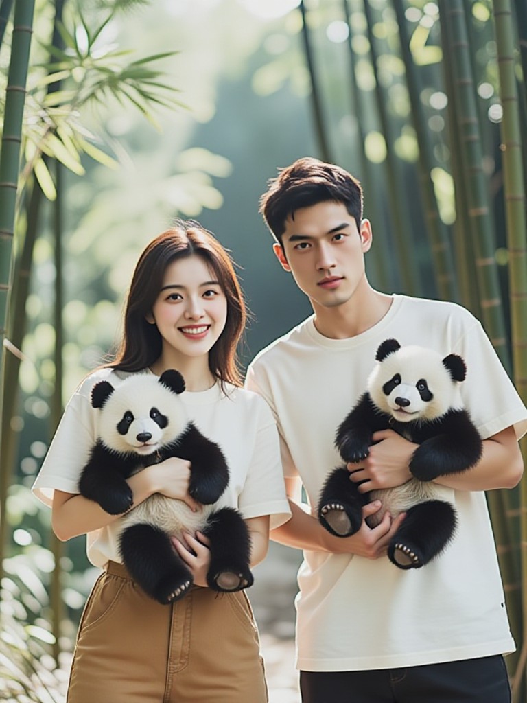 Couples hold pandas image