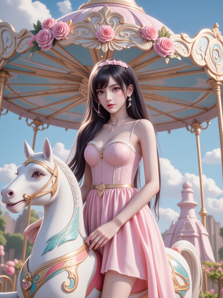 AI Animated version - Sweet and beautiful protagonist on the Dreamy Carousel Magical Carousel Princess in Candyland image