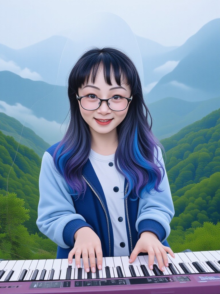 The girl playing the piano in the mountains at the beginning of the rising sun image