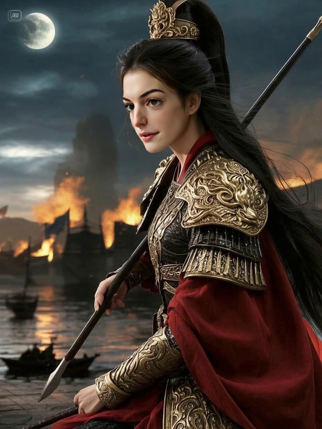 Amidst the raging flames, the female general marched against the wind image