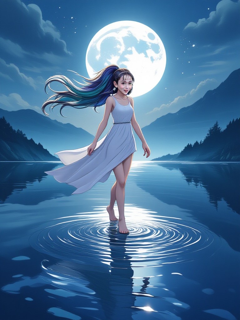 The girl walking on the lake and the jumping dolphin image