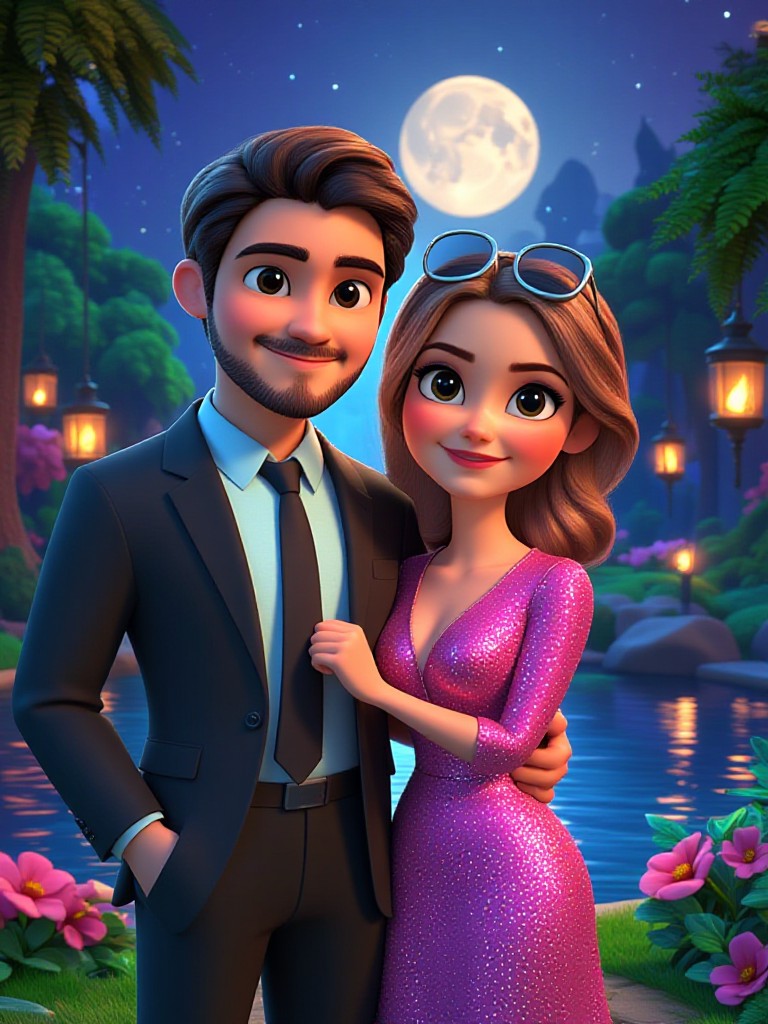 cute adorable couple photo by the pond under moonlight starry sky image