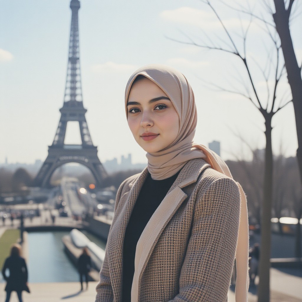 Woman hijab background eifel tower image