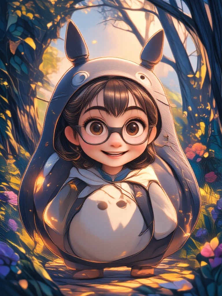 Totoro costume girl in the magical forest | Cute 3 d  cartoon image