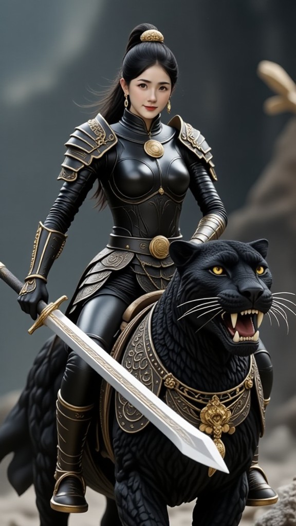 A female warrior riding a black panther image